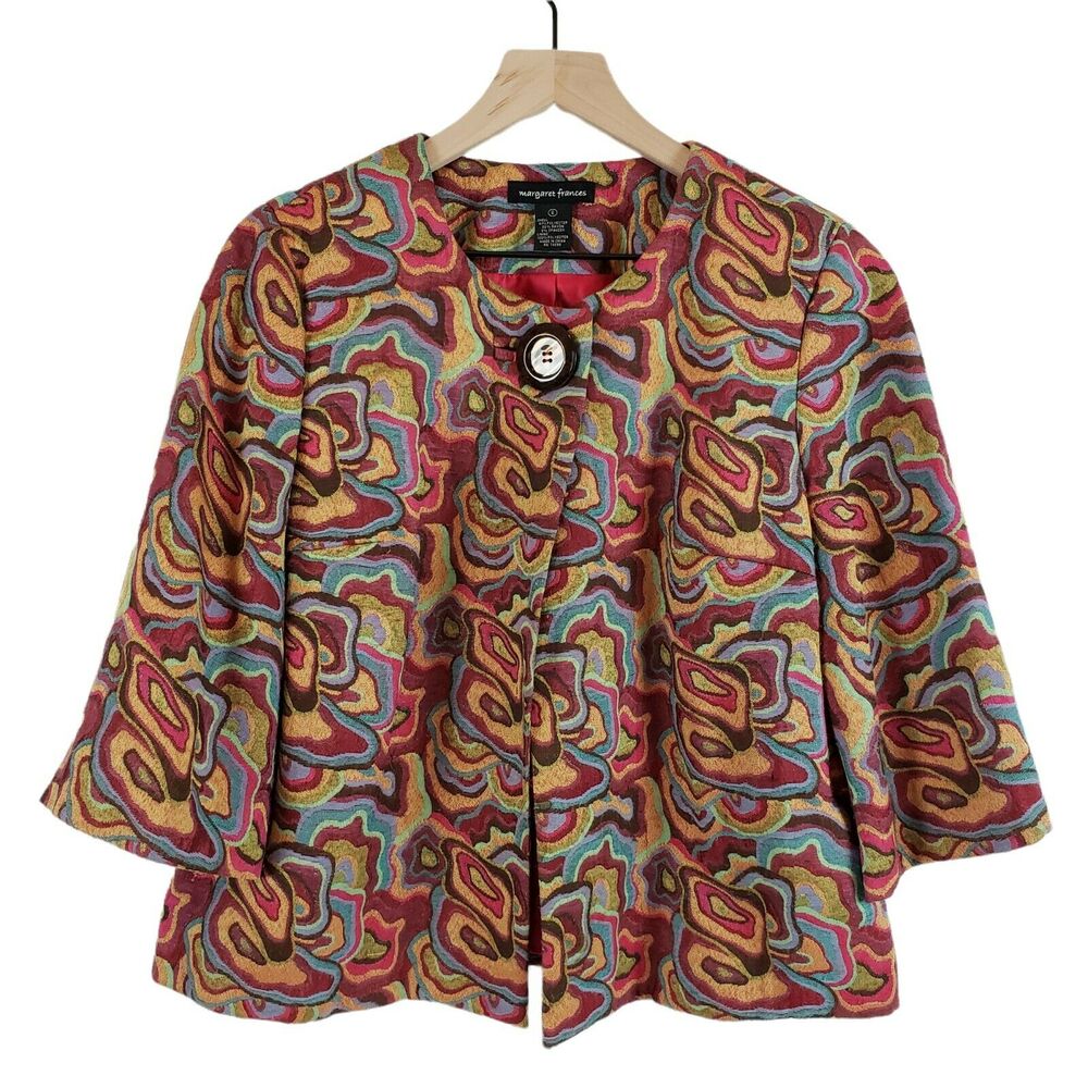 Margaret Frances Jacket Size 6 Blazer Multicolor Geometric 3/4 Sleeve Work Boxy